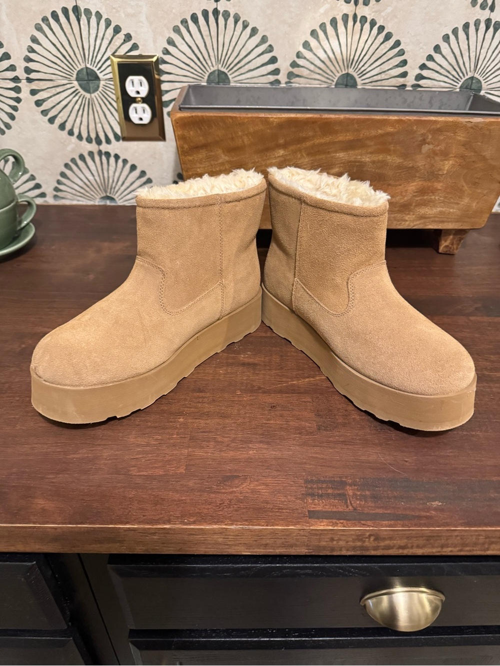 Time and Tru Tan Faux-Suede Fleece-Lined Platform Ankle Booties